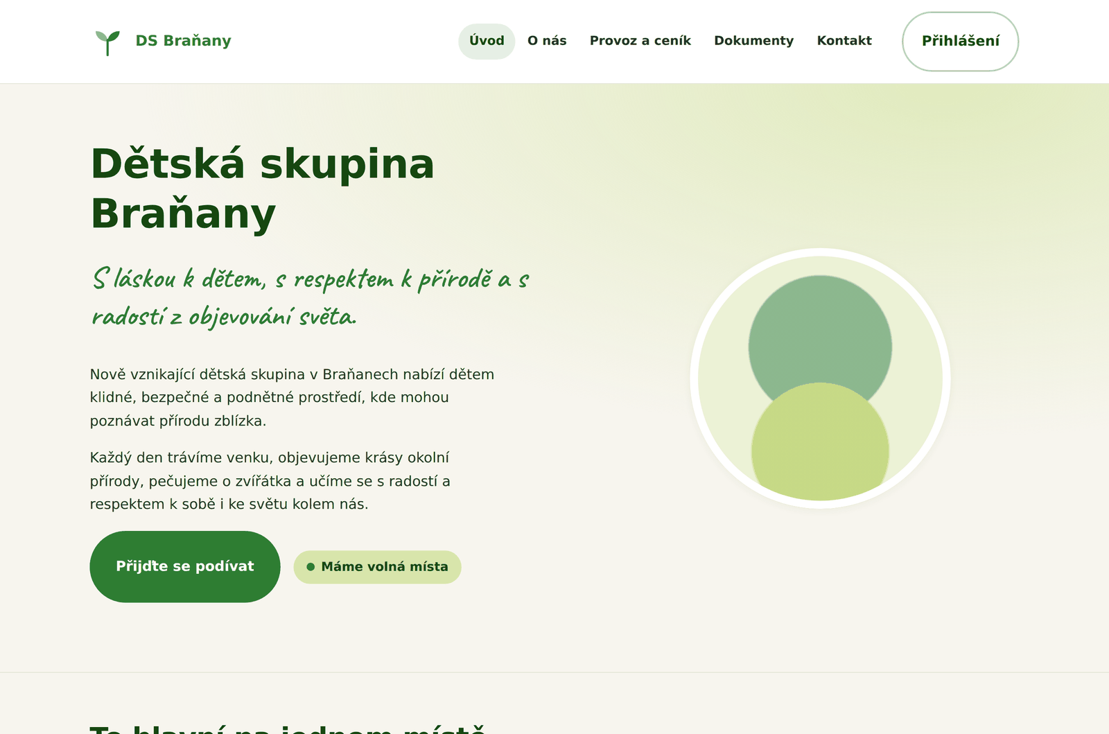 Veřejný web dětské skupiny – úvodní stránka s heslem skupiny, značkou o volných místech, provozní dobou, kapacitou a úhradou